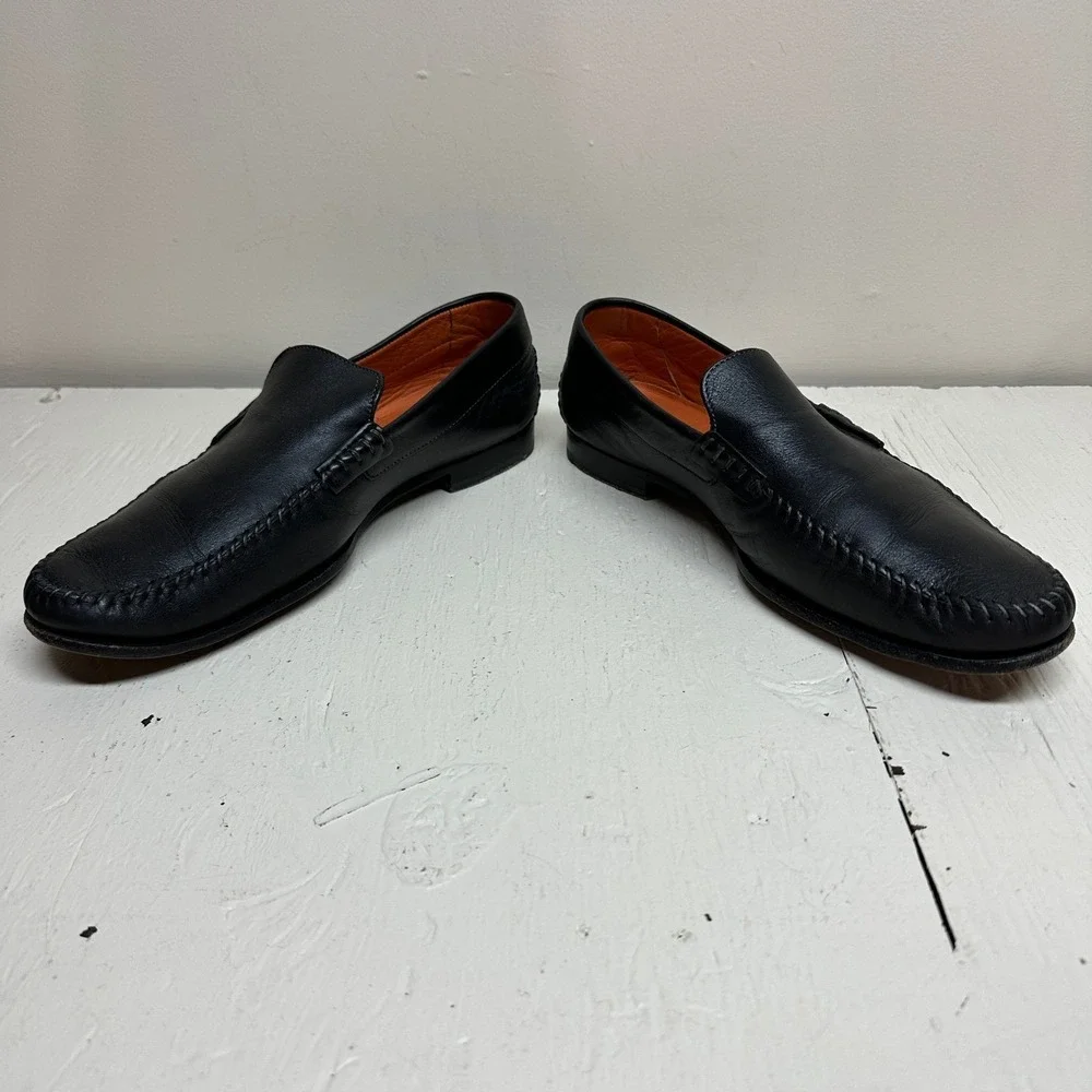Santoni Mens Black Leather Moc Toe Loafer Dress Driving Shoes Italy Mens 10‎